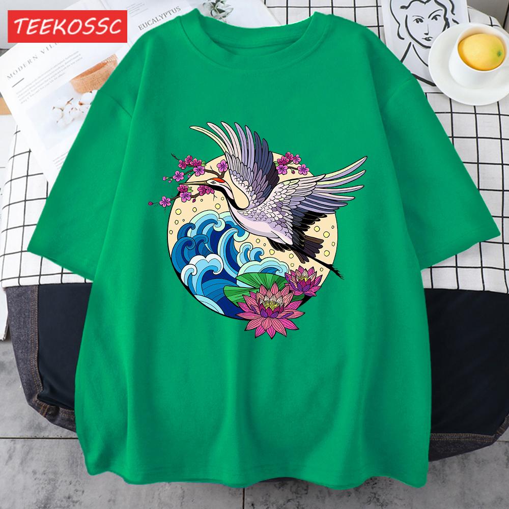 Cranes Enjoy Blooming Flowers Men T Shirts Vintage Fashion Soft Short Sleeve Summer Comfortable TShirt Unisex Cotton Loose Top