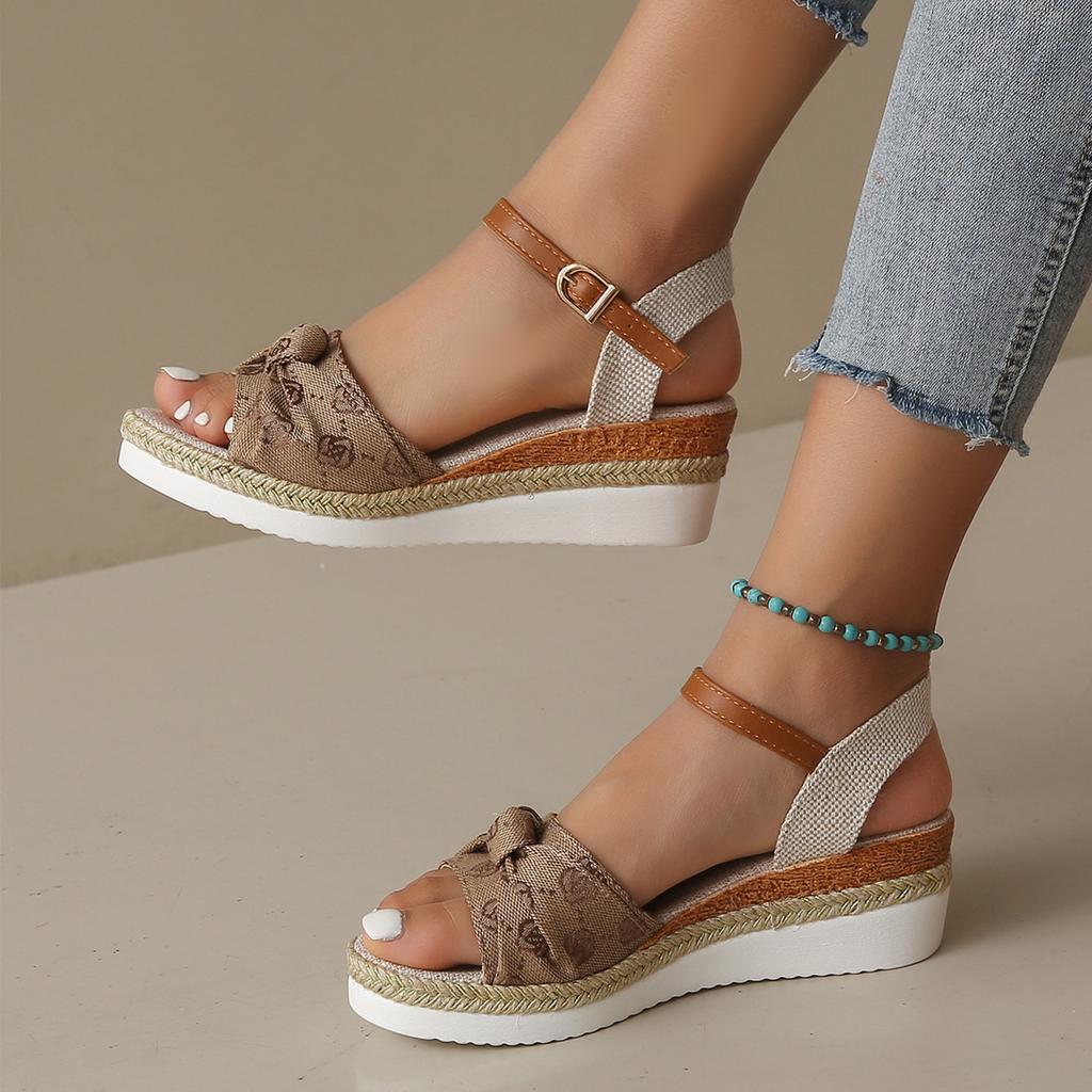 Women Summer Knotted Open Toe Ankle Strap Wedge Sandals Platform Thick Sole Casual Outdoor Shoes