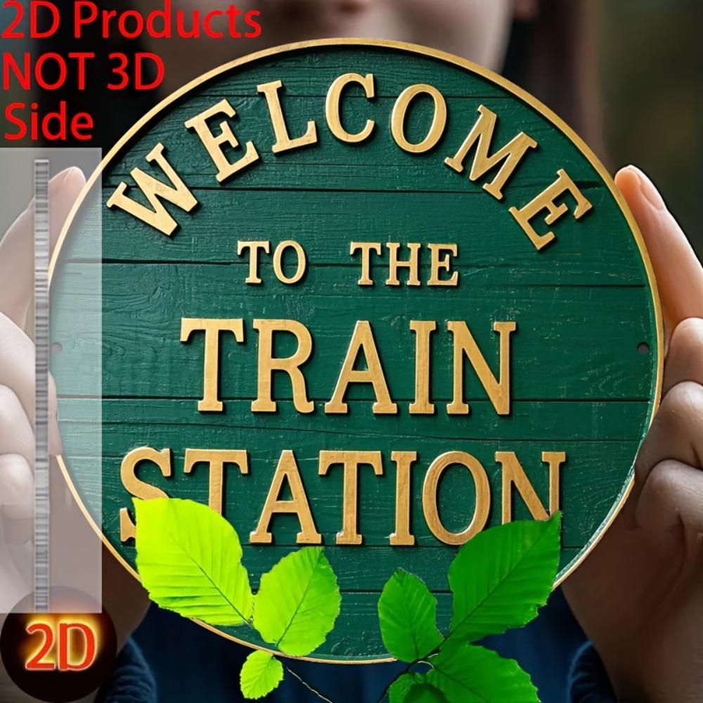 Round Vintage Train Station Metal Sign Retro Wall Art for Home Cafe Decor 20x20cm(8x8inch)