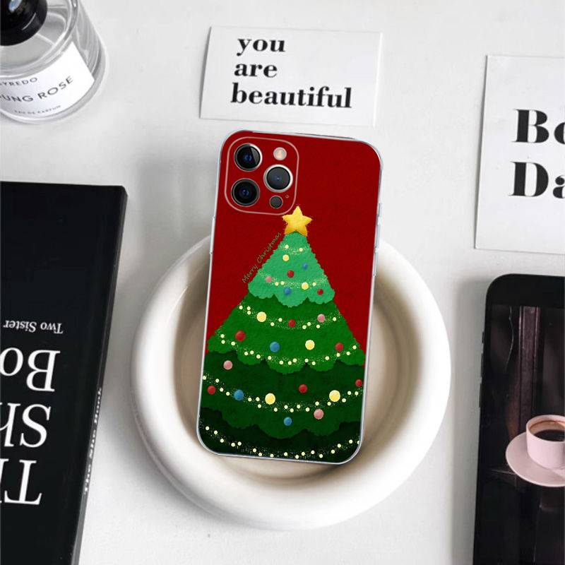 Anime Weihnachtsmann Rentier Weihnachtsbaum Handyhülle für iPhone 11 12 13 14 15 16 17 Pro Max Plus Transparente Rückseite