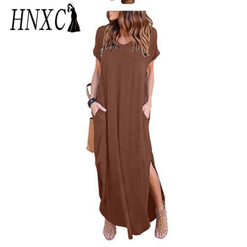 HNXC Sexy dámské šaty nadměrné velikosti 5XL letní jednobarevné ležérní maxi šaty s krátkým rukávem pro ženy dlouhé šaty dámské šaty