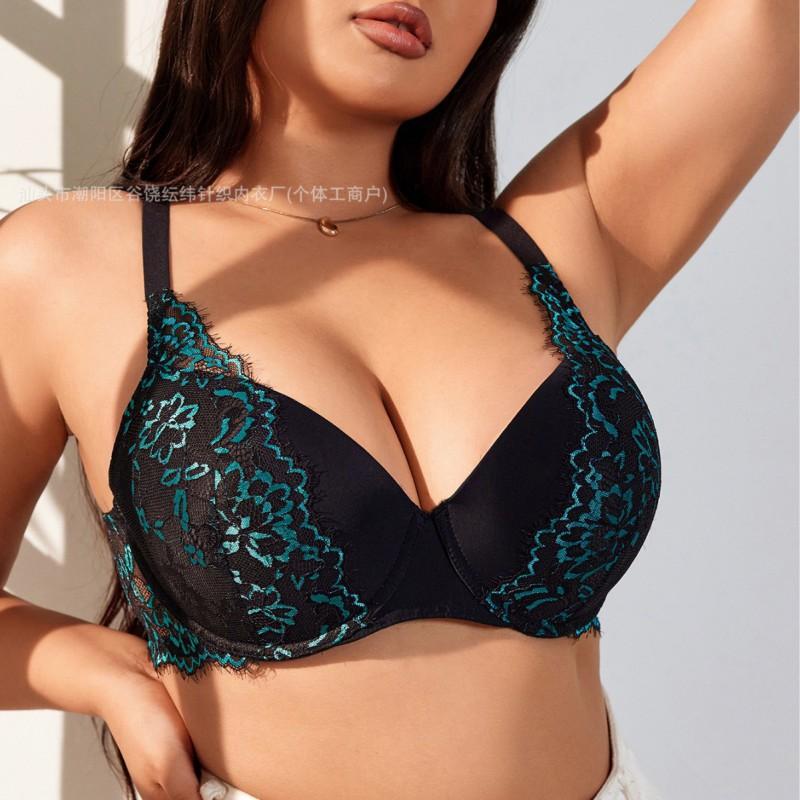 Ultra Thin Lace Trim Bra Plus Size Women 3/4 Cup Wireless Comfort Support Underwear In Black