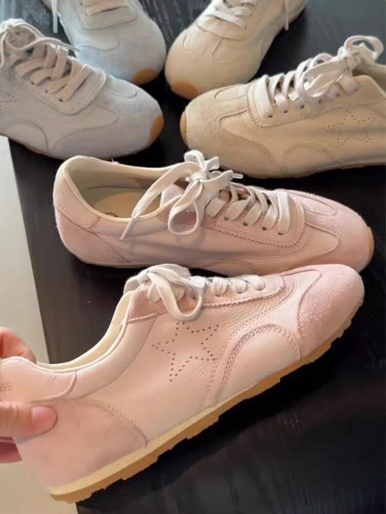 Leather Soft-Soled Training Shoes Women S Spring Flat-Soled Lace-Up Casual Sports Shoes 35