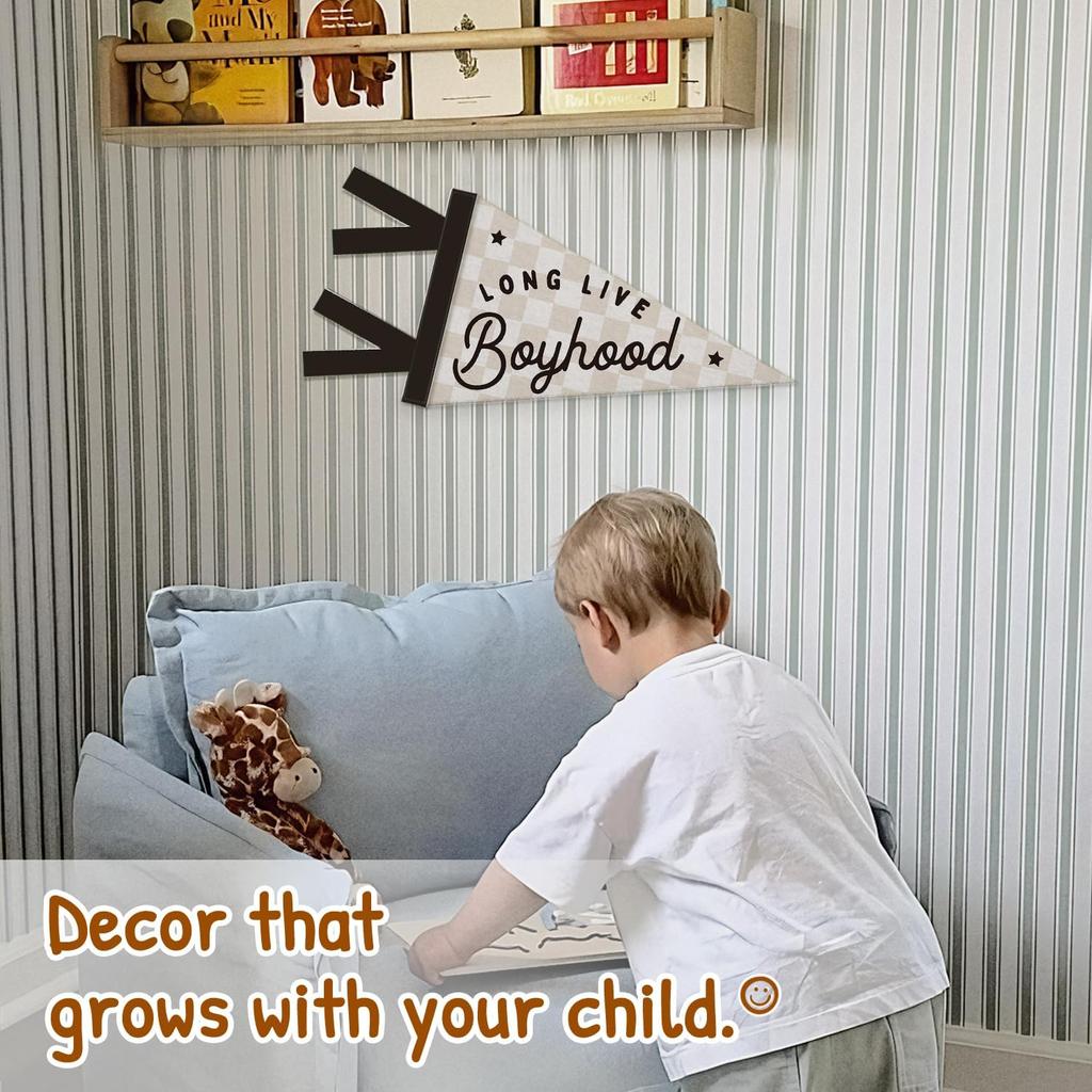 Boys Room Decor, Long Live Boyhood Wall Hanging Pennant Flag Banner, Preppy Neutral Checkerboard Wall Decorations for Nursery Toddler Boys Bedroom