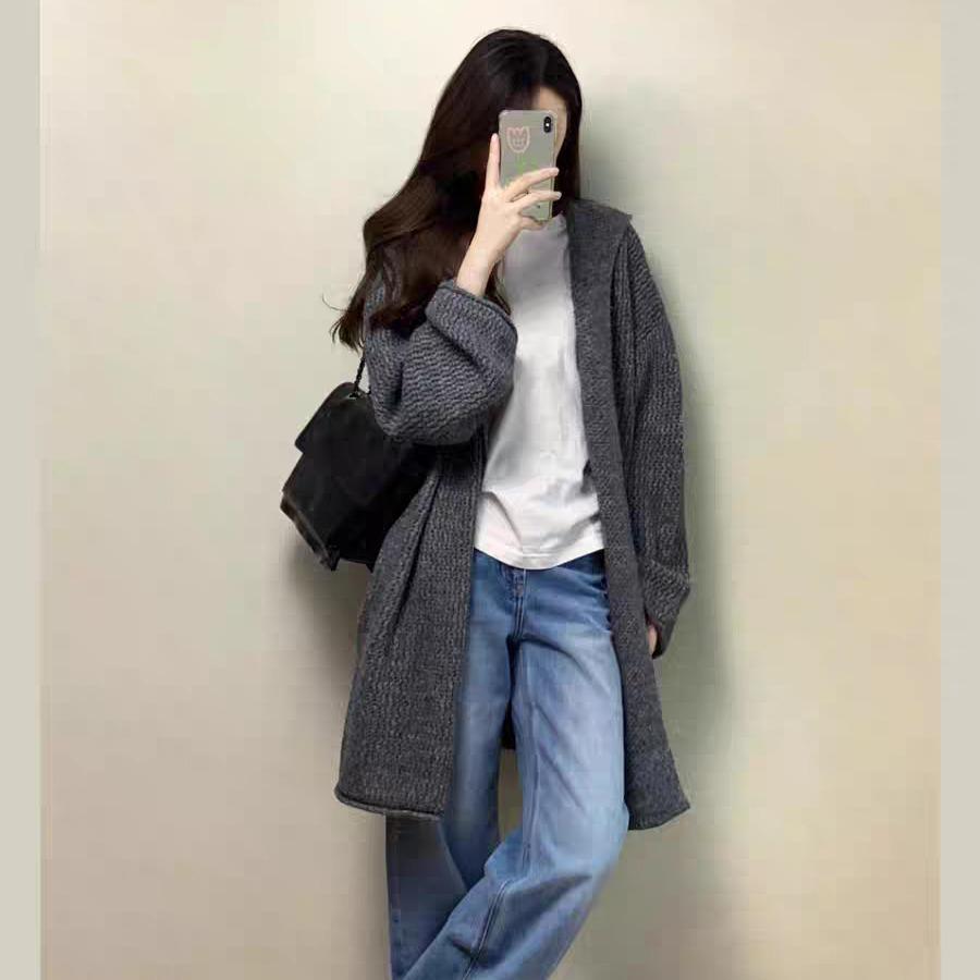 Korean Hooded Medium and Long Sweater Cardigan Women's Autumn and Winter Thickened Loose Outer Wear Lazy Style High-end Knitted Jacket