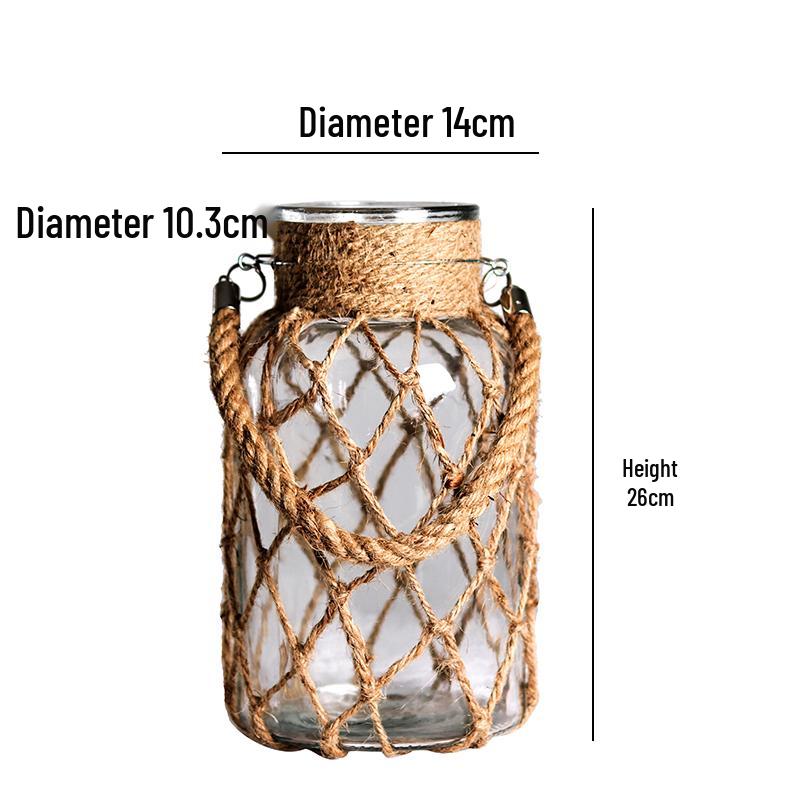 Retro Dried Flower Arrangement Glass Vase with Hemp Rope – Transparent Desktop Ornament for Home Decor
