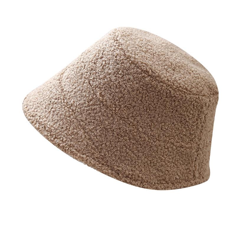 Solid color lamb wool bucket hat women's autumn and winter new simple warm and cold versatile wide brim casual ear protection bucket hat