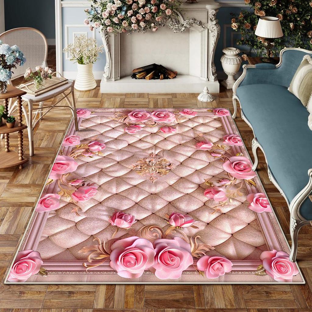 Europäischer Stil Rutschfest Großer Wohnzimmerteppich Blumendesign Raumdekoration Ästhetischer Schlafzimmerteppich Schminktischmatte Waschbar