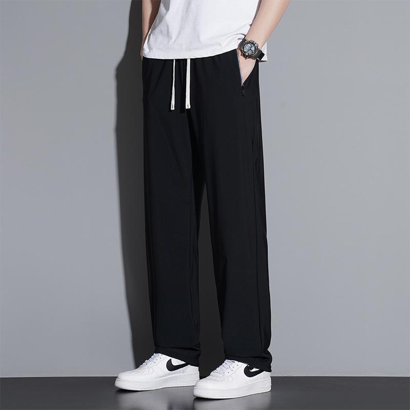 Extra dlouhé 120cm letní kalhoty z ledového hedvábí pro vysoké muže - Tenké s rovnými nohavicemi a 110cm plochou nohavicí se stahovací šňůrkou