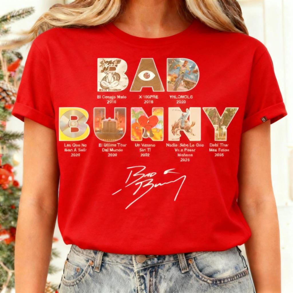 Camisetas Casuales de Algodón con Estampado de Bad Bunny para Adultos Mujeres Mangas Cortas