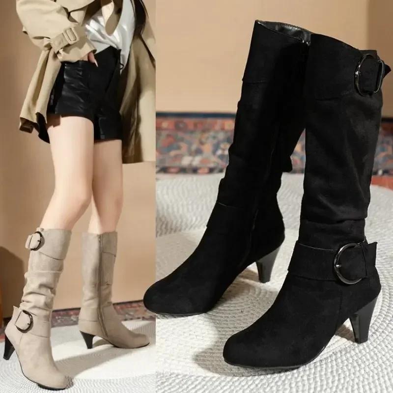 Fashion 2024 Knee-high Zipper Women's Modern Boots Women's Shoes High Quality New Pointed Toe Solid English Style Fashion Casual Plus