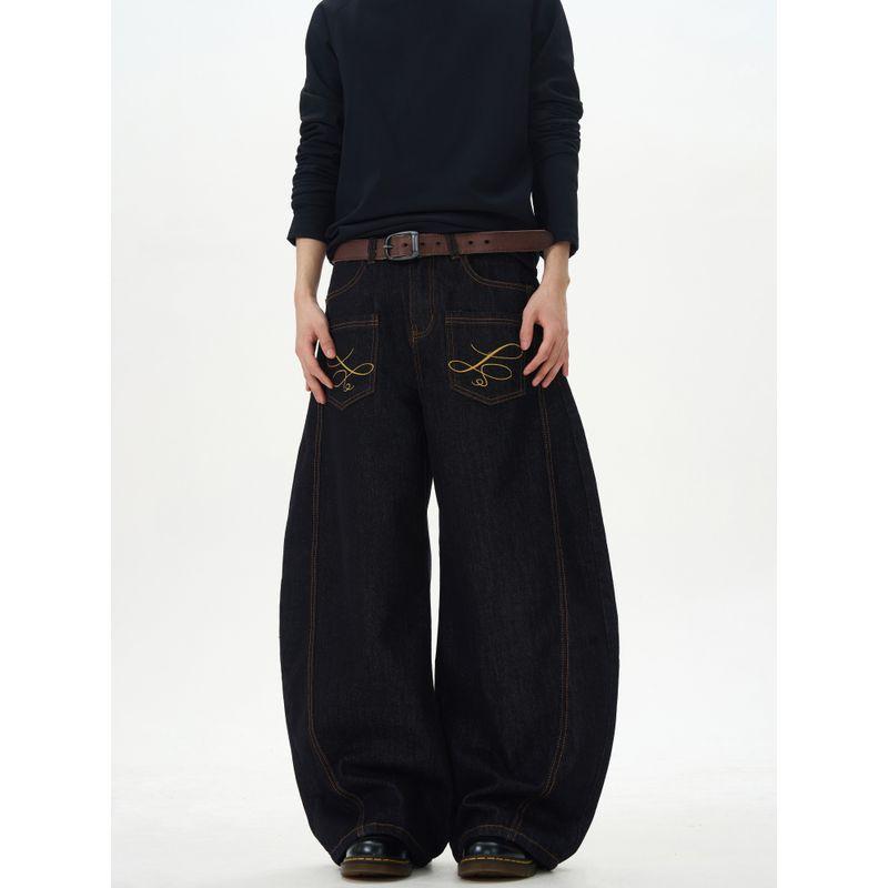 Kisko American Retro Style Reverse Pocket Embroidered Washed Scimitar Jeans Unisex Loose Straight Casual Pants