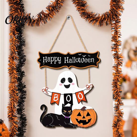 Holiday Party Supplies Halloween Wooden Hanging Sign, Rustic Ghost Bat Black Cat Witch Hat Wall Decor, Balcony Window Decor Spooky Pendant with