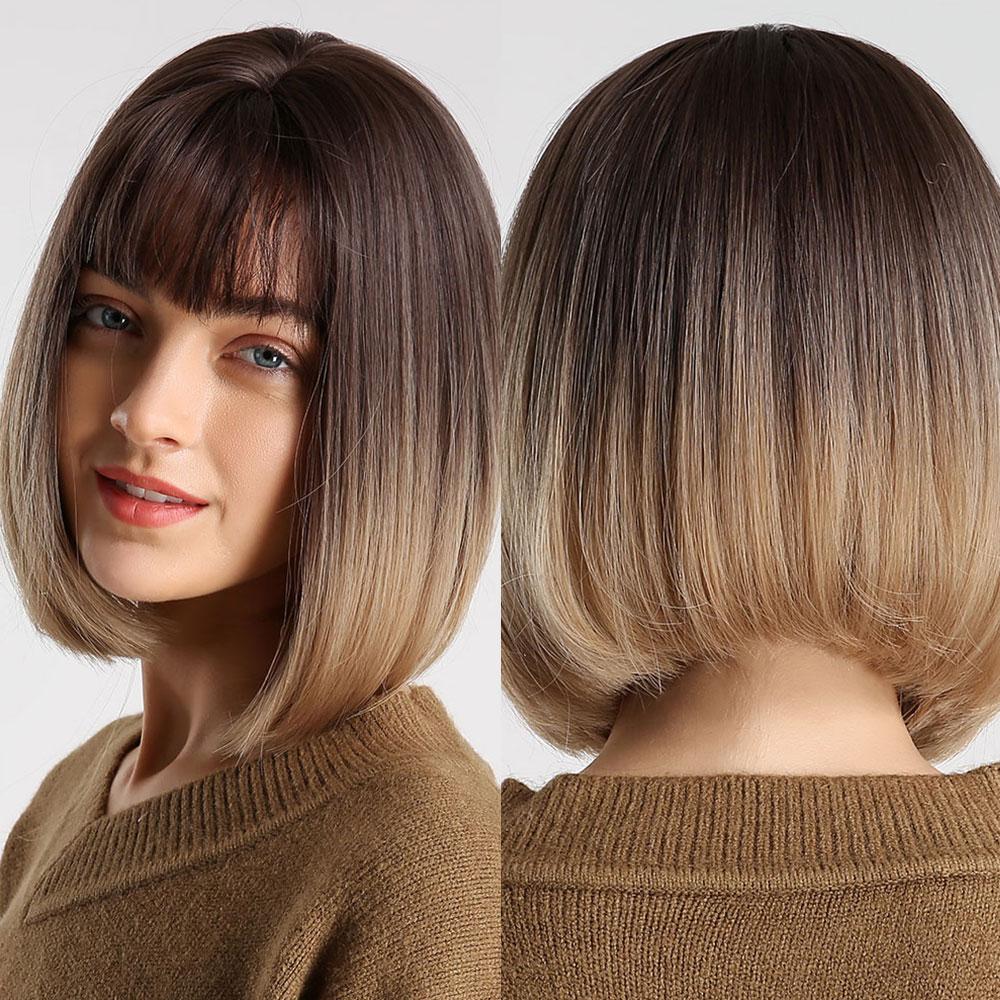 HENRY MARGU Short Bob Synthetic Wigs Ombre Black Brown White Natural Straight Wigs for Women Middle Part Daily Heat Resistant