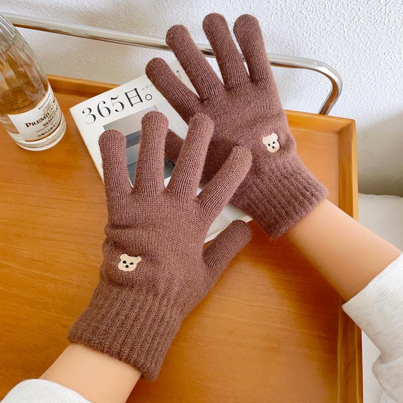 Bear knitted wool gloves winter warm touch screen cute solid color embroidery split finger opening leak finger tide
