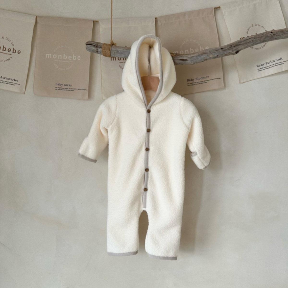 Korean Winter Baby Hooded Plush One-Piece Sleepsuit with Open Chest Buttons 66 cm