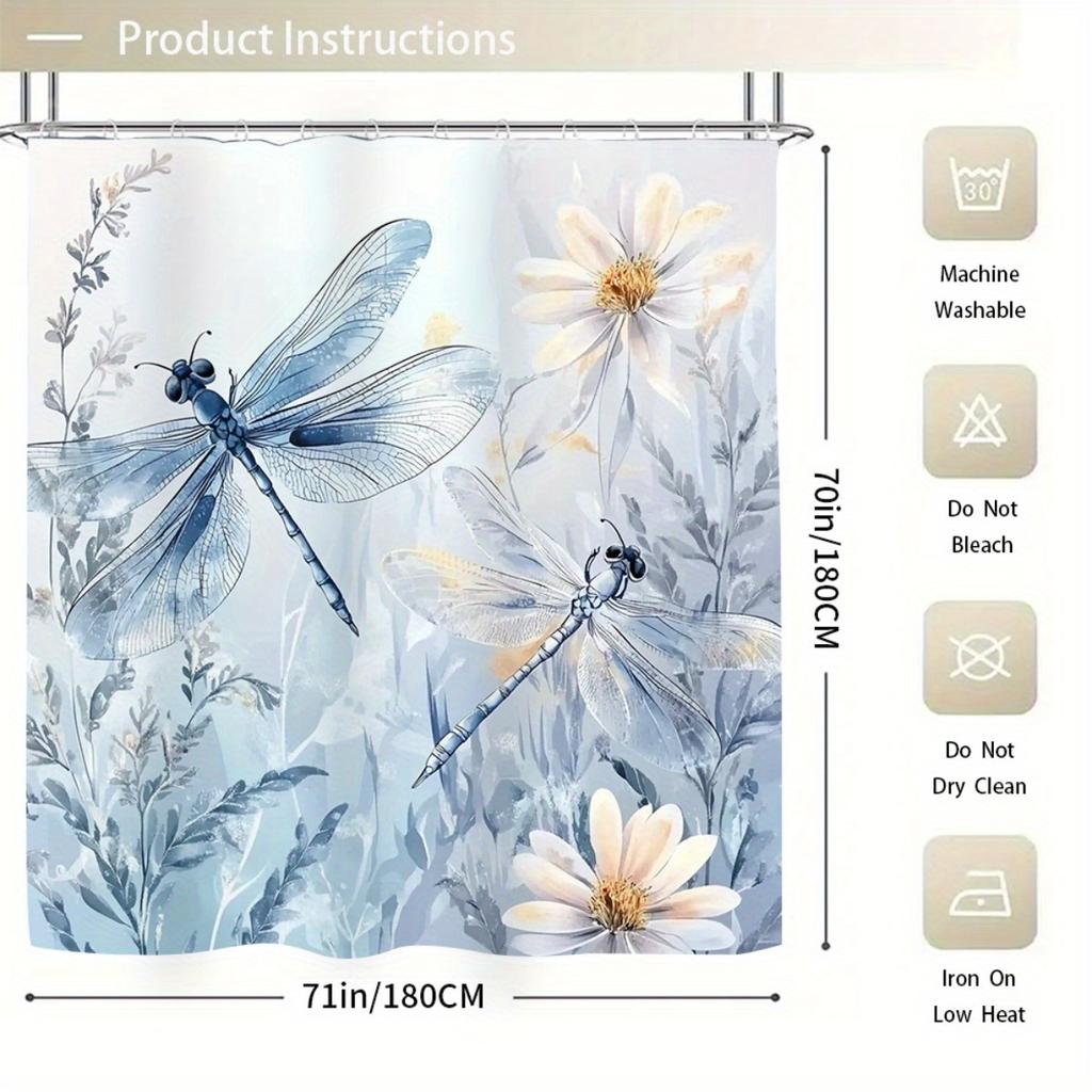 1/4Pcs Blue White Floral Dragonfly Bathroom Decor Set Waterproof Shower Curtain with Anti Slip Mat and Toilet Cover All Season Home Decor Gift