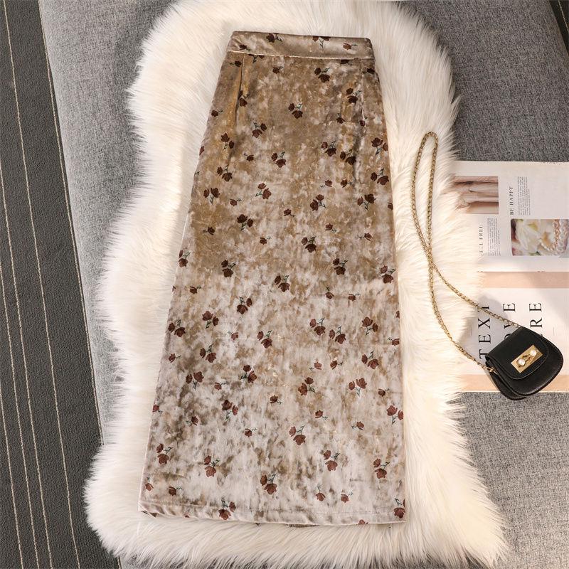 Fusta pe jumatate de toamna si iarna Fusta de dama Retro auriu cu imprimeu din catifea Fusta lunga de dama