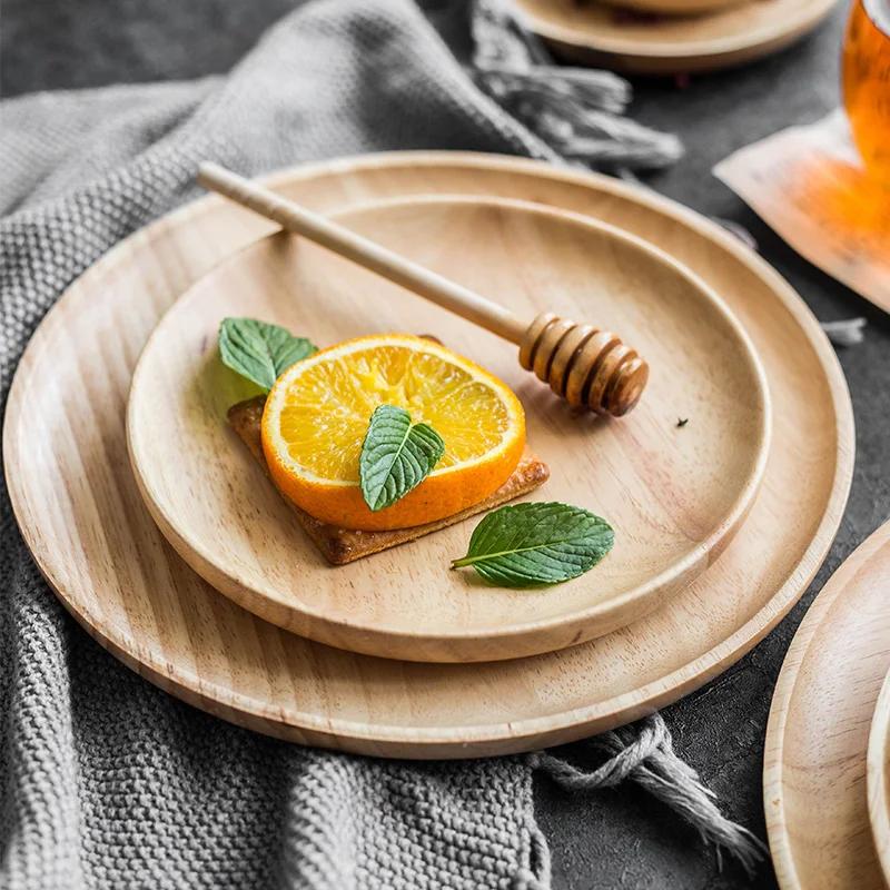 2Pcs Wooden Plates Round Dinner Plate Set Fruit Dessert Snack Plate Japanese Style Serving Dishes Dinner Set Kitchen Tableware
