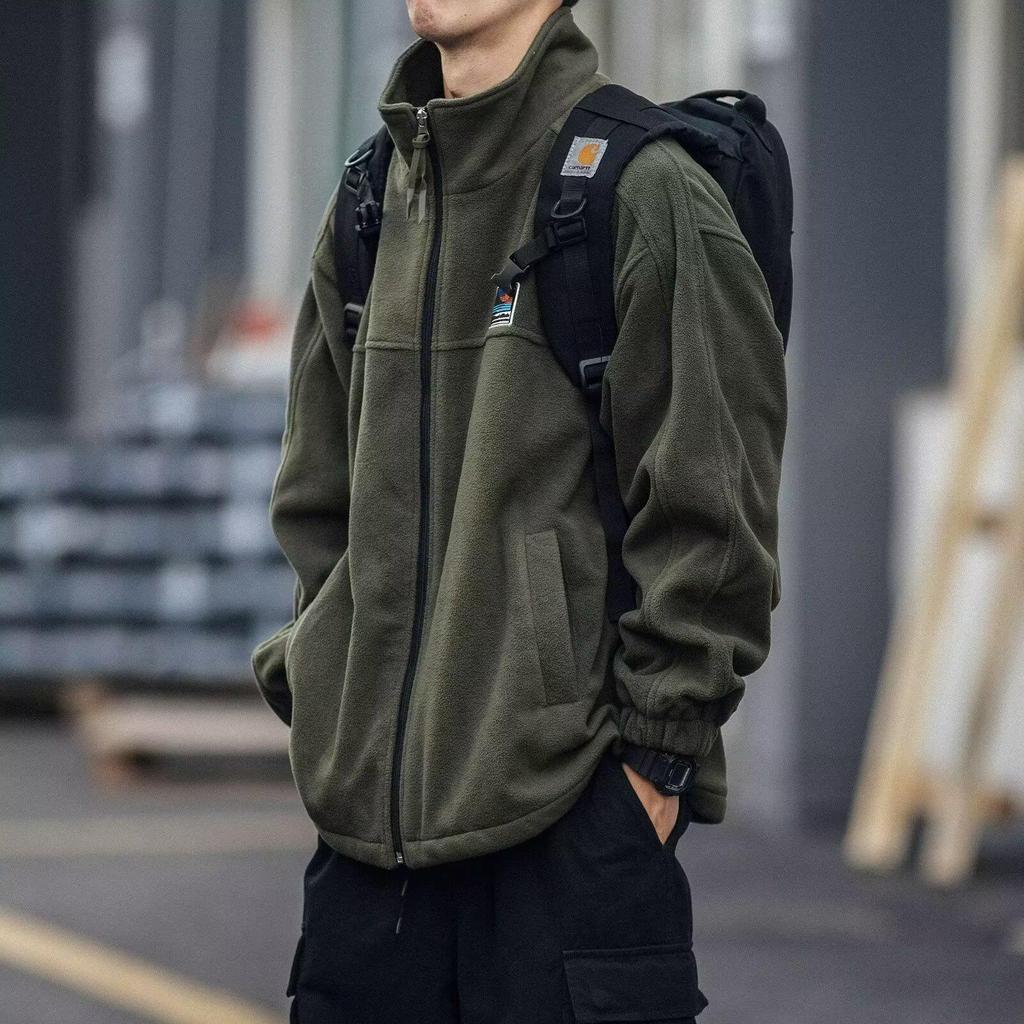 Men's Japanese Stand Collar Fleece Jacket - Double-Sided Warm Cardigan Hoodie for Autumn/Winter