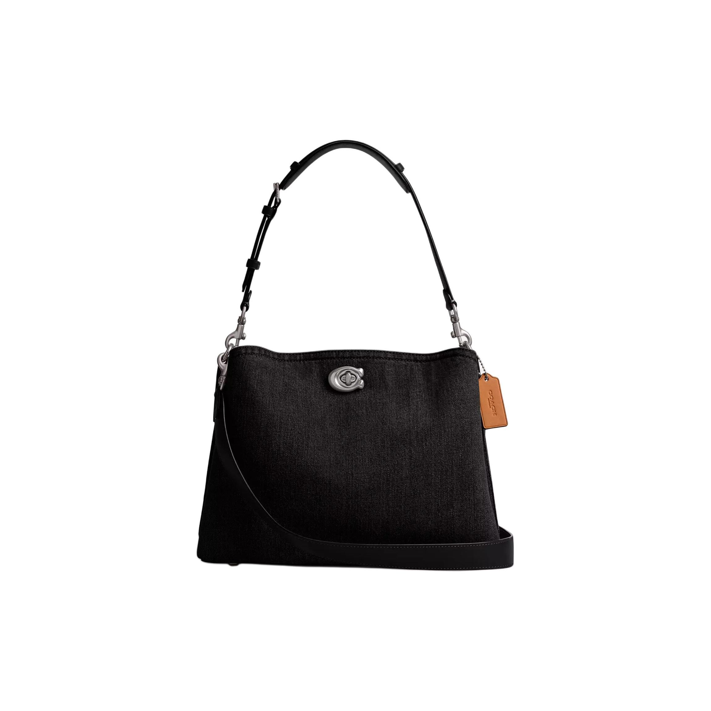 Coach Black Denim Shoulder Bag with Turnlock Closure & Detachable Strap for Daily & Travel Use Basic Set (Bag+Dust Bag)