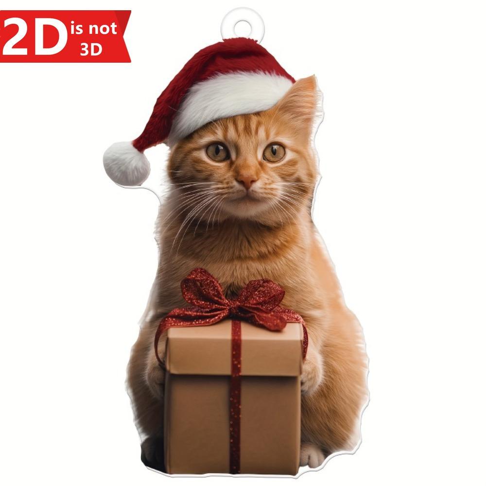 2D Christmas Cat Pendant with hat. Holiday decor for tree, home & party. Charming gift. чистый