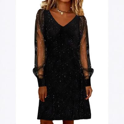 Women V Neck Glitter Mini Dress Long Sheer Mesh Sleeve Sparkly Party Club Casual Dress