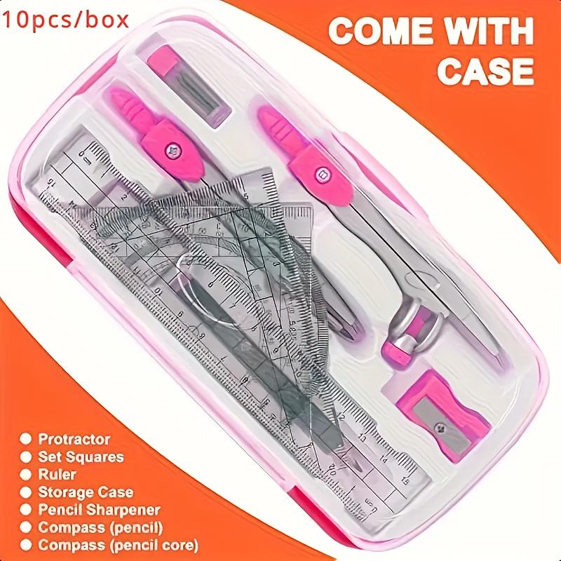 

10 pieces per box Multicolor Geometry Set Math Tool Kit, including compass, protractor, ruler, eraser, pencil and other drawing рожевий
