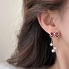 Women's Three Pearl Drop Mini Ribbon Earrings [Silver Needle]