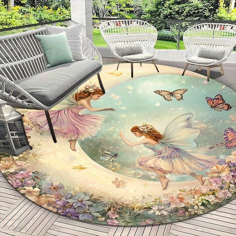 1pc Enchanted Fairy&Butterfly Round Floor Mat-Non-Slip Machine Washable 100% Polyester,Whimsical Floral Design for Living Room Bedroom Study