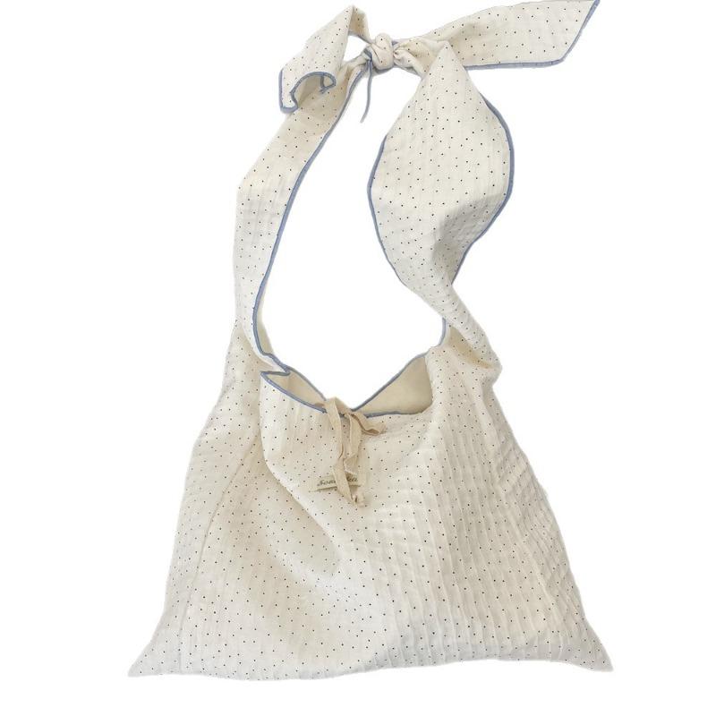 1 Texture Pleated Polka Dot Shoulder Messenger Bag Fresh Versatile Canvas Bag Women's Adjustable Lace-up Cloth Bag