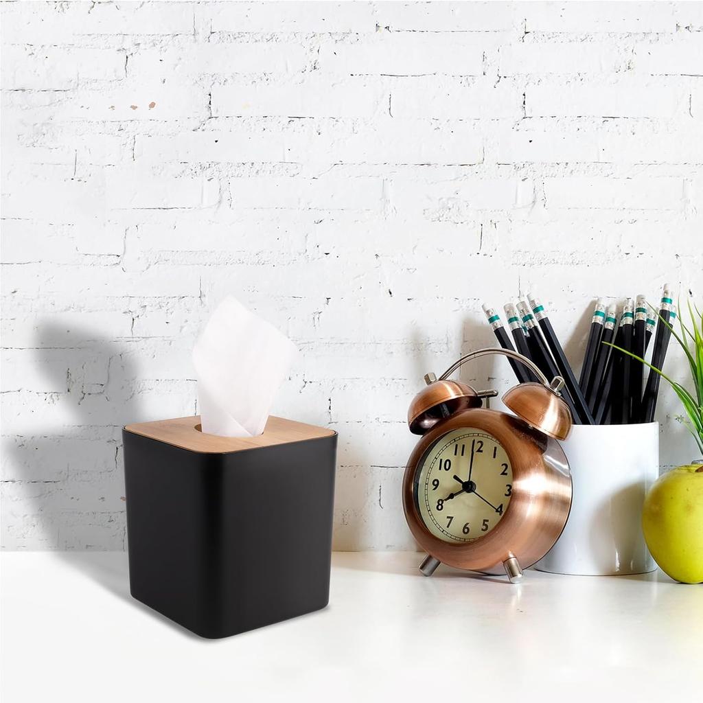 Modern Tissue Box Cover with Bamboo Lid, Square Tissue Holder,for bedrooms, Offices, bathrooms, Living Rooms etc(Black)