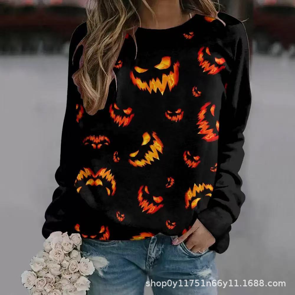 New Halloween Ladies Sweater 3D Digital Printing Pumpkin Bat Dark Pattern Crew Neck Long Sleeve Top