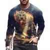 Round Neck 3D Tiger Lion Printed Top Casual Long Sleeved Men's T-shirts - Soft Medium Stretch Polyester Fabric Spring and Autumn Relaxed Fit Clothing