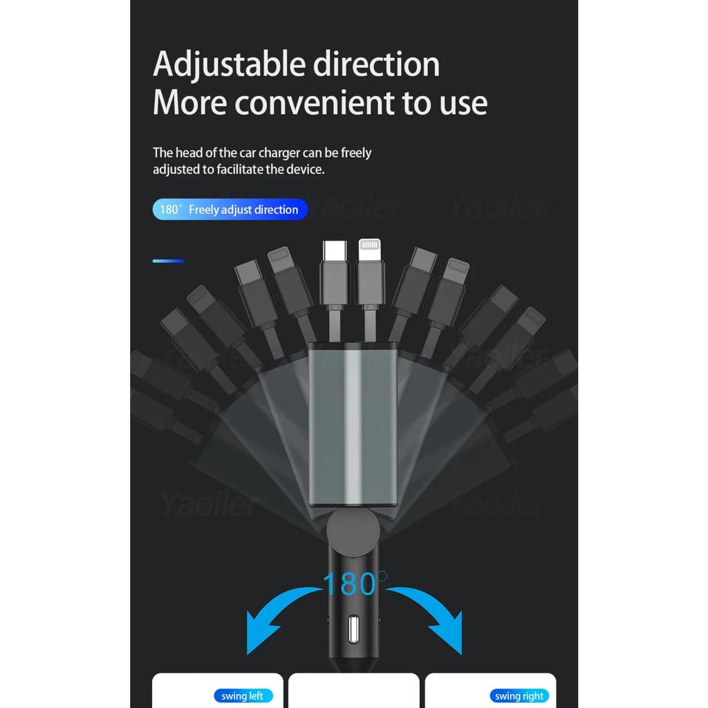 NEW 4 In 1 Retractable Car Charger 120W Super Fast Charge Car Phone Charger 2 Retractable Cables & 2 Ports Car Charger