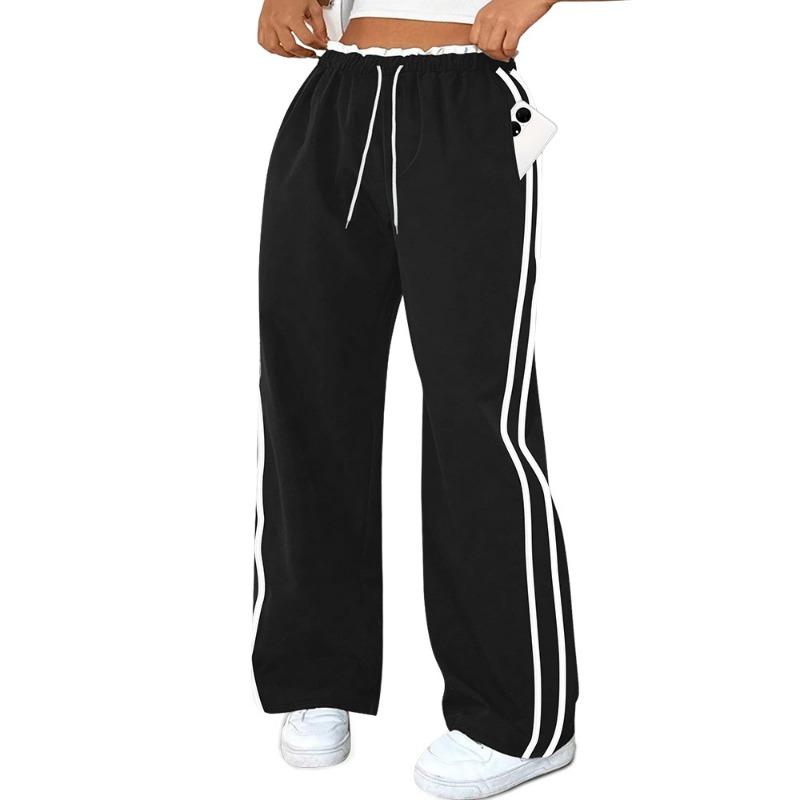 Women Casual Loose Drawstring Pockets Striped Straight Wide Leg Cropped Pants