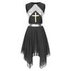 Womens Liturgical Dance Dress Metallic Shiny Cross Sequins Sleeveless Color Block Patchwork Irregular Hem Performance Gown