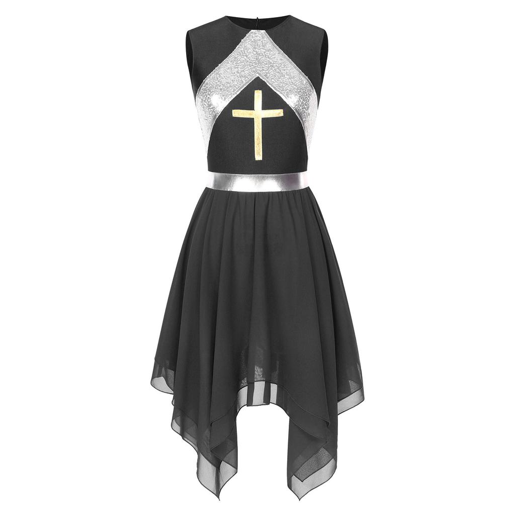 Womens Liturgical Dance Dress Metallic Shiny Cross Sequins Sleeveless Color Block Patchwork Irregular Hem Performance Gown
