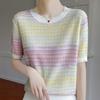 Women's Gradient Striped Tencel Lyocell Knit T-Shirt with Round Neck and Short Sleeves
