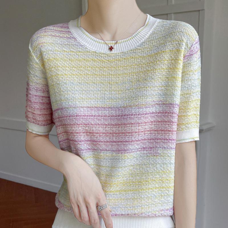 Women's Gradient Striped Tencel Lyocell Knit T-Shirt with Round Neck and Short Sleeves