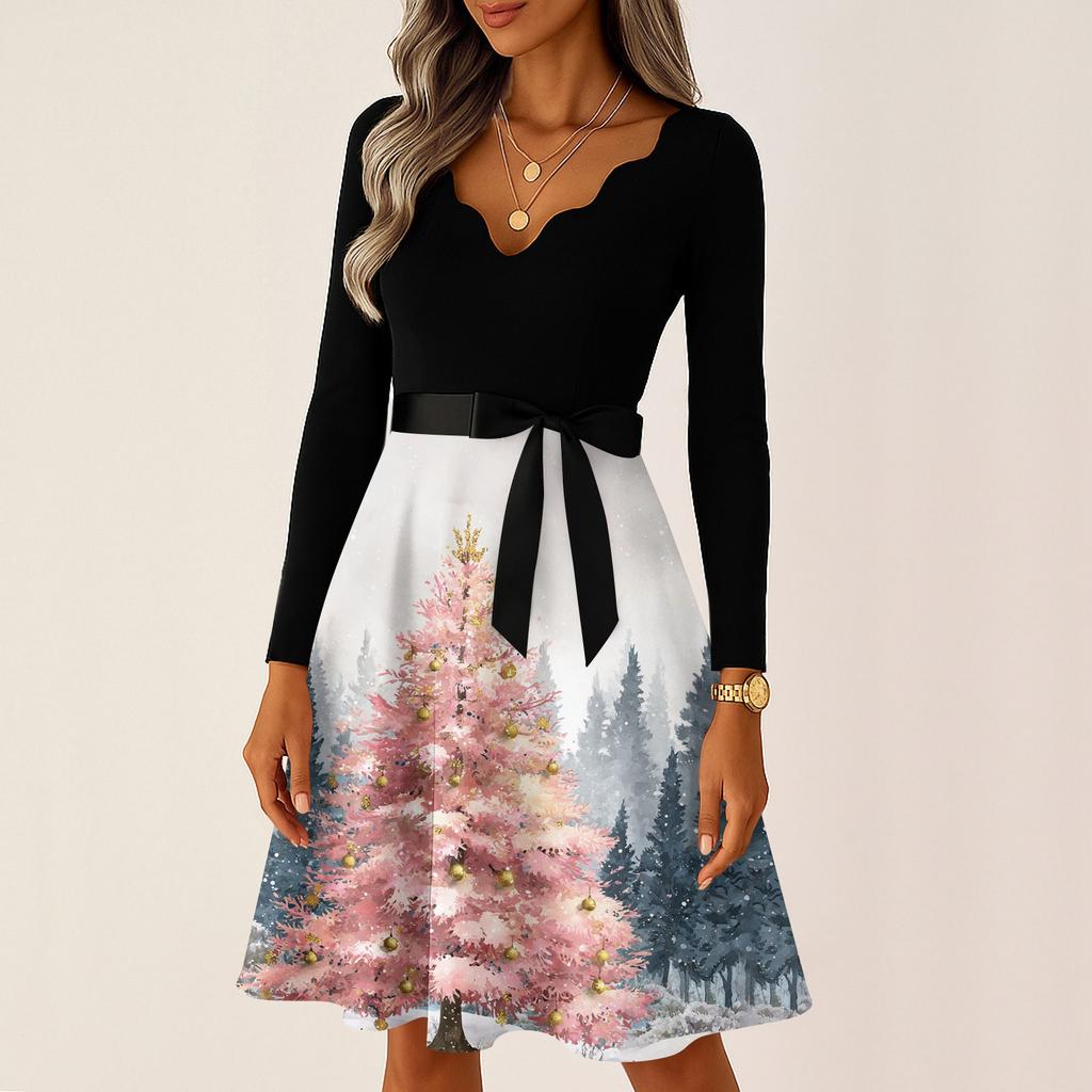 Damen Casual Mode V-Ausschnitt Langarm Weihnachten Bedruckt Party Vintage Lange Kleider