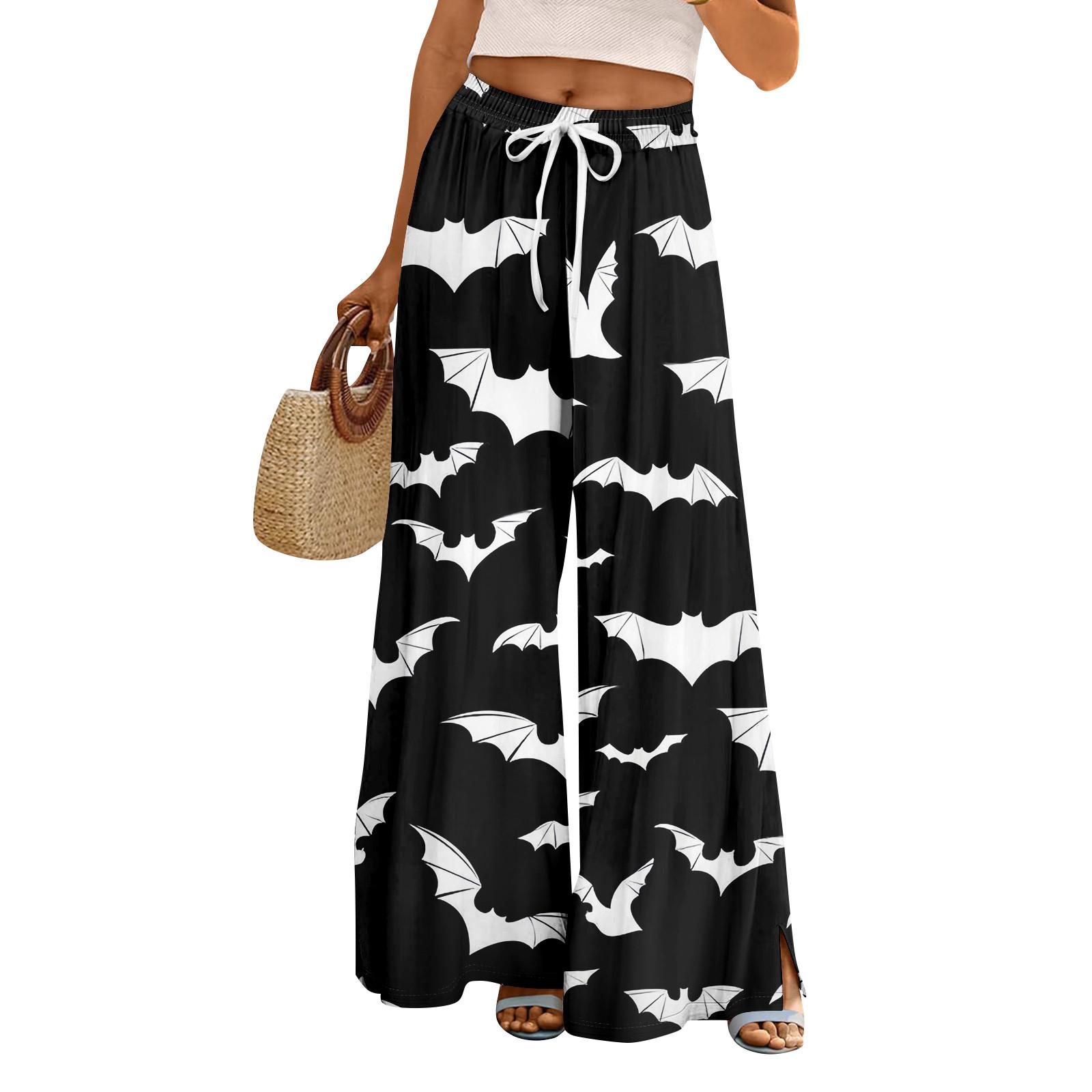 

Женские летние брюки палаццо в стиле бохо с высокой талией и широкими штанинами, с принтом на Хэллоуин, повседневные брюки с карманами XL чёрный