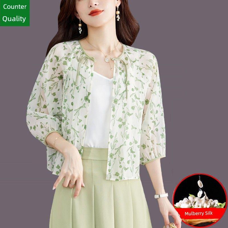 

Silk Sun Protection Clothing Women s Thin Cardigan Suit Coat Shawl Summer with Overall Dress Outdoor Air Conditioning Blouse 016-Green L