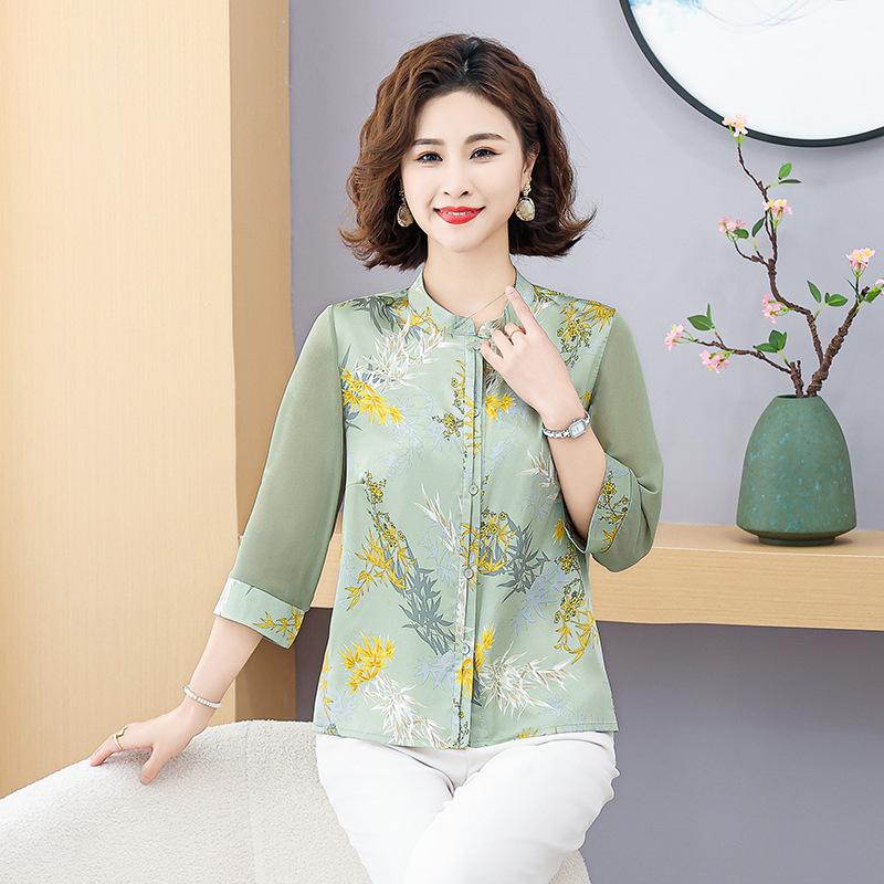 2026 Summer Elegant Three-Quarter Sleeve Shirt for Mothers - New Chinese Style for Middle-Aged and Elderly Women