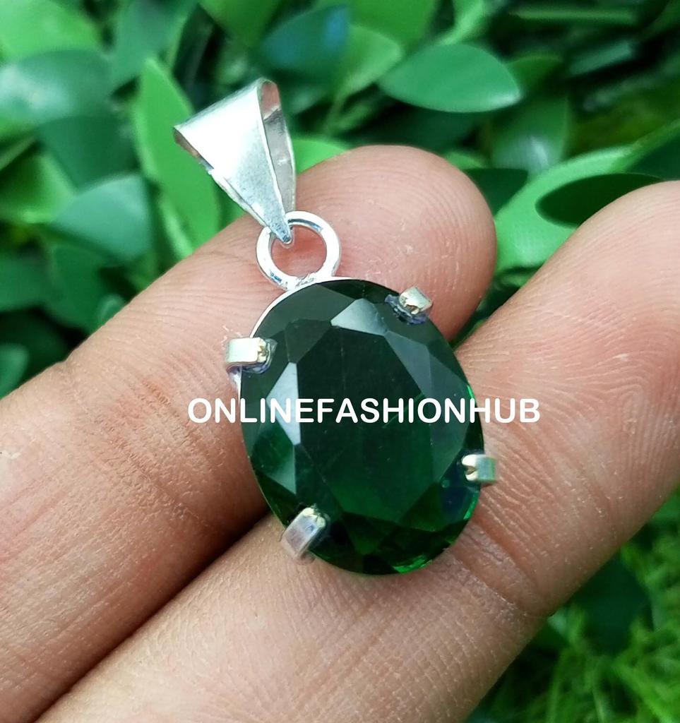 Green Topaz Glass 925 Sterling Silver Plated Prong Women Fashion Beautiful Pandant Whit Chain Jewelry