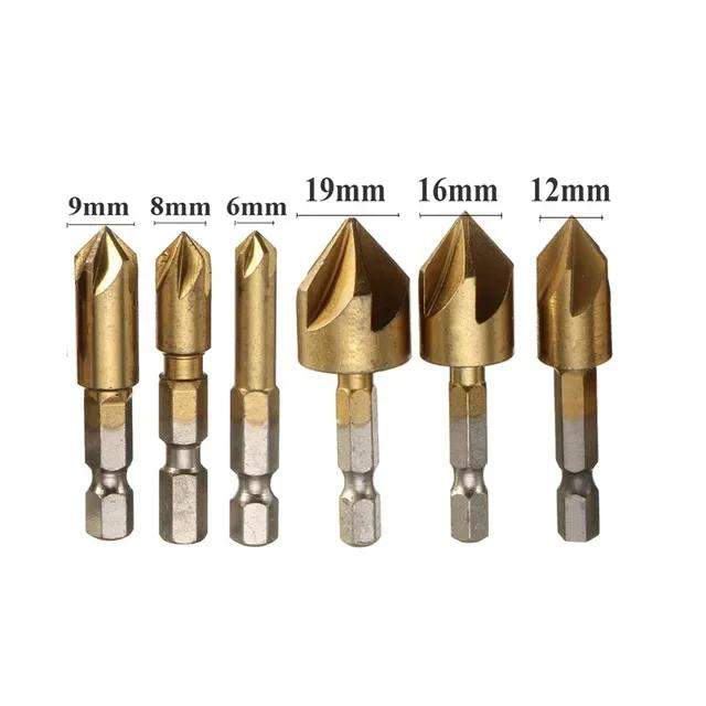 3/6pcs Countersink Drill Bit Set 1/4'' Hex Shank HSS 5 Flute Countersink 90 Degree Wood Chamfering Cutter Chamfer 6mm-19mm