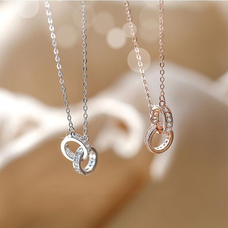 999 Sterling Silver Double Ring Interlocking Necklace - Cold Style Minimalist Double Circle Clavicle Chain for Women