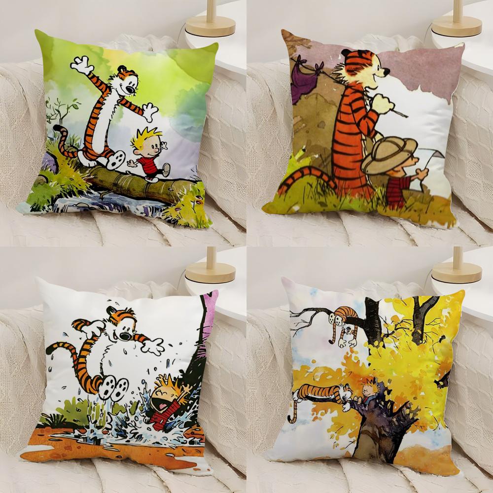C-Calvin and H-Hobbes Cushion Cover Silky Short Plush Double-Sided Printed Pillow Case for Sofa All Seasons Home Decor Gift