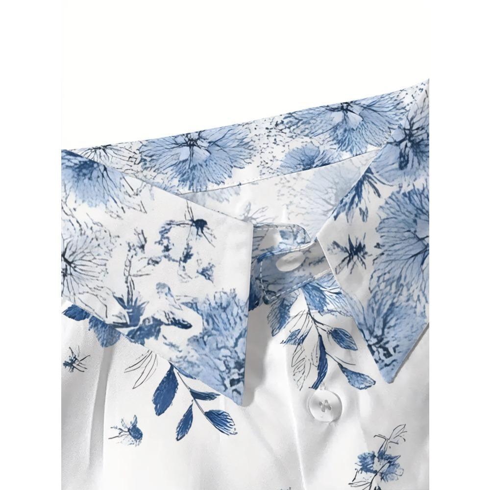 New women's lapel button-down shirt blue and white floral foliage pattern, casual versatile button-down long-sleeved top