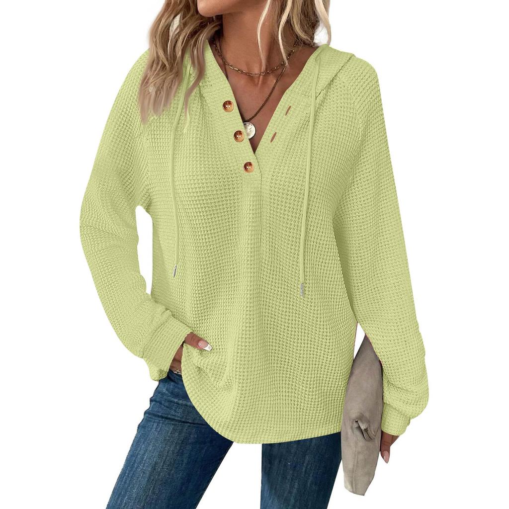Women's Fashion Long Sleeve Drawstring Hooded Button V-neck Casual Hooded Sweatshirt Top
